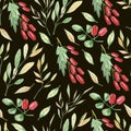 Watercolor seamless pattern autumn ornament with leaves and branches on dark background. Greenery floral, red barries for wedding Royalty Free Stock Photo