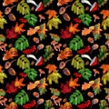 Watercolor seamless pattern with autumn red rowan, yellow maple foliage, oak leaves, acorns on black background. Royalty Free Stock Photo