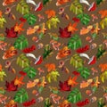 Watercolor seamless pattern with autumn red rowan, yellow maple foliage, oak leaves, acorns on brown background. Royalty Free Stock Photo