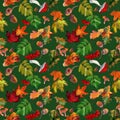 Watercolor seamless pattern with autumn red rowan, yellow maple foliage, oak leaves, acorns on green background. Royalty Free Stock Photo