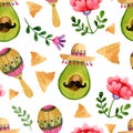 Watercolor avocado Mariachi style, nachos, maracas and flowers seamless pattern
