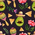 Watercolor avocado Mariachi style, nachos, maracas and flowers seamless pattern