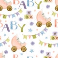 Baby carriage with bunny, garlands and lettering watercolor seamless pattern Royalty Free Stock Photo