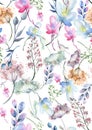 Watercolor seamless pattern, background with a floral pattern. Beautiful vintage drawings of plants, flowers,willow branch, berry Royalty Free Stock Photo