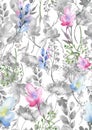 Watercolor seamless pattern, background with a floral pattern. Beautiful vintage drawings of plants, flowers,willow branch, berry Royalty Free Stock Photo