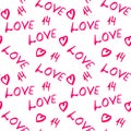 Watercolor seamless pattern, background with hearts, word love, February 14 for Valentine's Day, red on white background Royalty Free Stock Photo