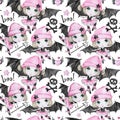 Watercolor seamless pattern. Ballet girls with bat wings and skulls. Dancing little witches. Teenager. Halloween horror Royalty Free Stock Photo