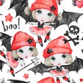 Watercolor Seamless Pattern. Ballet Girls With Bat Wings And Skulls. Dancing Little Witches. Teenager. Halloween Horror