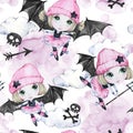 Watercolor seamless pattern. Ballet girls with bat wings and skulls. Dancing little witches. Teenager. Halloween horror Royalty Free Stock Photo