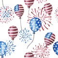 Watercolor seamless pattern of balloons and fireworks in the colors of the stars and stripes US flag Royalty Free Stock Photo