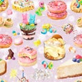 Watercolor seamless pattern with sweet candy desserts. Christmas background with snowflakes. Illustration for textures