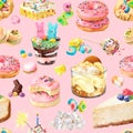 Watercolor seamless pattern with sweet candy desserts pink background. Illustration for textures, wallpapers, fabrics