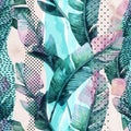 Watercolor seamless pattern of banana tropical leaves on vertical striped background