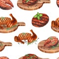 Watercolor seamless pattern barbecue. Elements for cooking bbq - grill, chicken and herbs. Hand-drawn illustration Royalty Free Stock Photo
