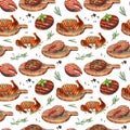 Watercolor seamless pattern barbecue. Elements for cooking bbq - grill, chicken and herbs. Hand-drawn illustration Royalty Free Stock Photo