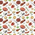 Watercolor seamless pattern barbecue. Elements for cooking bbq - grill, chicken and meat. Hand-drawn illustration Royalty Free Stock Photo