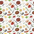 Watercolor seamless pattern barbecue. Elements for cooking bbq - grill, chicken and meat. Hand-drawn illustration Royalty Free Stock Photo