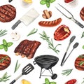 Watercolor seamless pattern barbecue. Elements for cooking bbq - grill, chicken and meat. Hand-drawn illustration Royalty Free Stock Photo