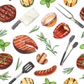 Watercolor seamless pattern barbecue. Elements for cooking bbq - grill, chicken and meat. Hand-drawn illustration Royalty Free Stock Photo