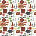 Watercolor seamless pattern barbecue. Elements for cooking bbq - grill, chicken and meat. Hand-drawn illustration Royalty Free Stock Photo