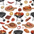 Watercolor seamless pattern barbecue. Elements for cooking bbq - grill, chicken and meat. Hand-drawn illustration Royalty Free Stock Photo