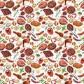 Watercolor seamless pattern barbecue. Elements for cooking bbq - grill, chicken and meat. Hand-drawn illustration Royalty Free Stock Photo