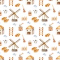 Watercolor seamless pattern with barn, mill, stairs, basket, ax, watering can on a white background