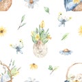 Watercolor seamless pattern with a basket of Easter eggs  spring flowers in a shell  butterfly  flowers  leaves on a white Royalty Free Stock Photo