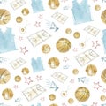 Watercolor seamless pattern basketball, elements game