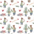 Watercolor seamless pattern with bear family