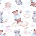 Watercolor seamless pattern with bear raccoon moon