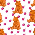 Watercolor seamless pattern with bear and rasberry