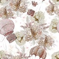 Watercolor seamless pattern with beautiful balloon flowers of roses and peonies