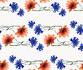 Watercolor seamless pattern with beautiful horizontal garland of wild blue cornflowers and red poppies