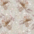 Watercolor seamless pattern with beautiful peony flowers, roses, leaves and hearts Royalty Free Stock Photo