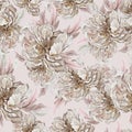 Watercolor seamless pattern with beautiful peony flowers, roses, leaves and hearts