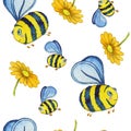 Watercolor seamless pattern with bees and flowers