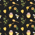 Watercolor seamless pattern with bees, flowers, honey comb, jar and honey spoon. Apiculture. Design for honey product