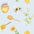 Watercolor seamless pattern with bees, flowers, honey comb, jar and honey spoon. Apiculture. Design for honey product