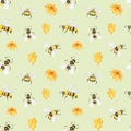 Watercolor seamless pattern with bees, flowers and honeycomb. Apiculture. Design for honey product packaging.