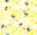 Watercolor seamless pattern with bees and honeycomb. cute background with yellow honeycombs and bees, hand drawing. farming symbol