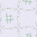 Watercolor seamless pattern of beige and geen branches with green squares on a light violet background -7