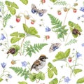 Watercolor seamless pattern with berry and bird Royalty Free Stock Photo