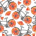 Watercolor seamless pattern bicycles with grapefruit wheels. Colorful summer background. Royalty Free Stock Photo