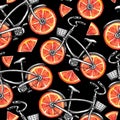 Watercolor seamless pattern bicycles with grapefruit wheels. Colorful summer background. Royalty Free Stock Photo