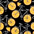 Watercolor seamless pattern bicycles with orange wheels. Colorful summer background.