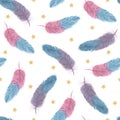 Watercolor seamless pattern with bird feathers and gold stars on a white background.