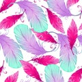 Watercolor seamless pattern with bird feathers. Royalty Free Stock Photo