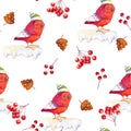 Watercolor seamless pattern with bird in hat on snow, rowan