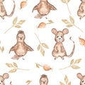 Watercolor seamless pattern with bird and leaves,mouse and dog rose. Hand drawn woodland animals background. Autumn Royalty Free Stock Photo